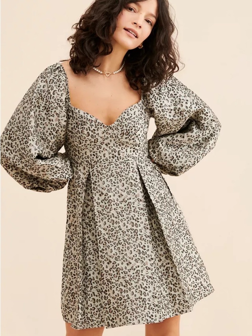 Sister Jane Beige Leopard-Print Puff Sleeve Mini Dress